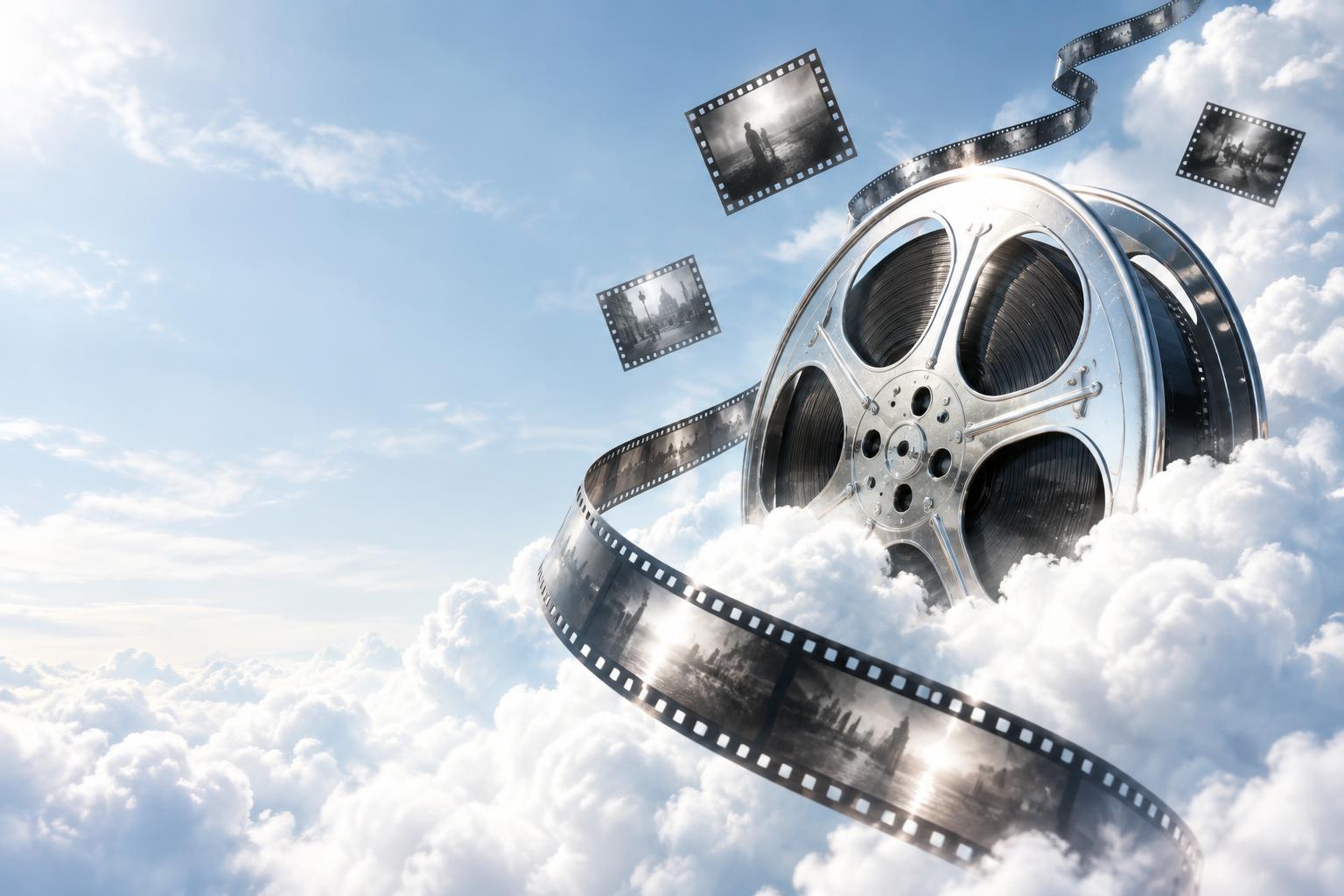 A polished film reel and curling film strip floating in the clouds