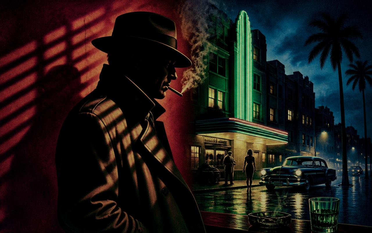 Illustrated D.O.A. film-noir poster with a detective, city streets and a clock